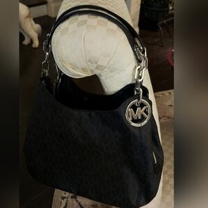 Michael Kors Monogram Black Bag With Silver Hardware Chain Straps